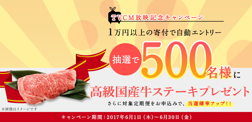 TVCM放映記念キャンペーン 1万以上の寄付で自動エントリー 抽選で500名様に高級国産牛ステーキプレゼント さらに対象定期便をお申し込みで、当選確率アップ！ キャンペーン期間：2017年6月1日（木）～6月30日（金）